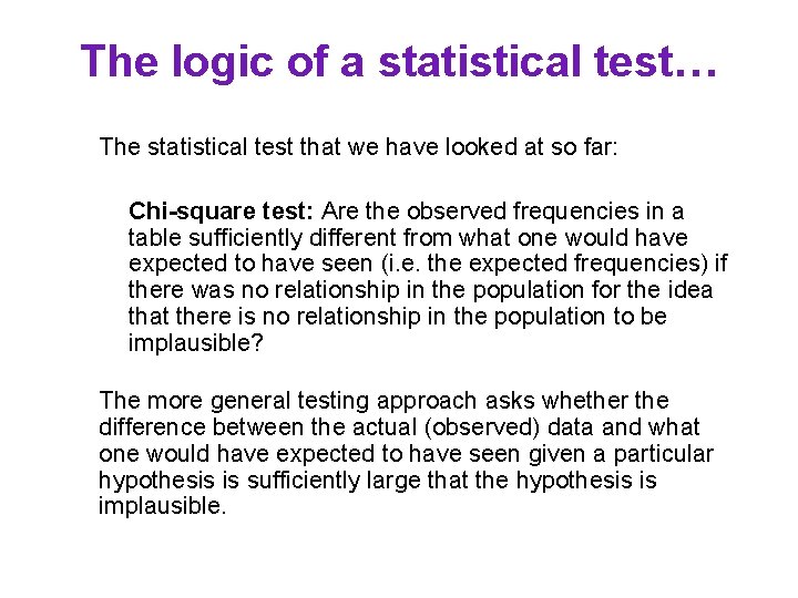 The logic of a statistical test… The statistical test that we have looked at