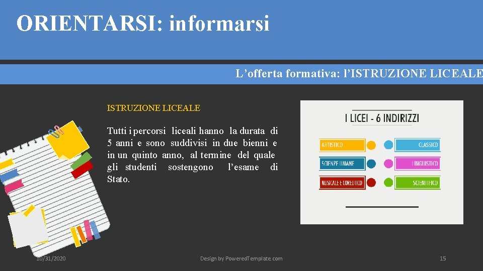 ORIENTARSI: informarsi L’offerta formativa: l’ISTRUZIONE LICEALE Tutti i percorsi liceali hanno la durata di ORIENTARSI: informarsi L’offerta formativa: l’ISTRUZIONE LICEALE Tutti i percorsi liceali hanno la durata di