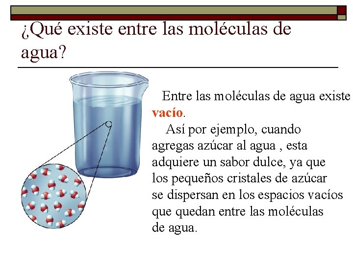 ¿Qué existe entre las moléculas de agua? Entre las moléculas de agua existe vacío. ¿Qué existe entre las moléculas de agua? Entre las moléculas de agua existe vacío.