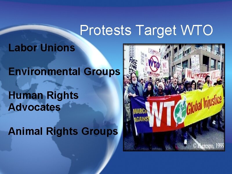 Protests Target WTO Labor Unions Environmental Groups Human Rights Advocates Animal Rights Groups 
