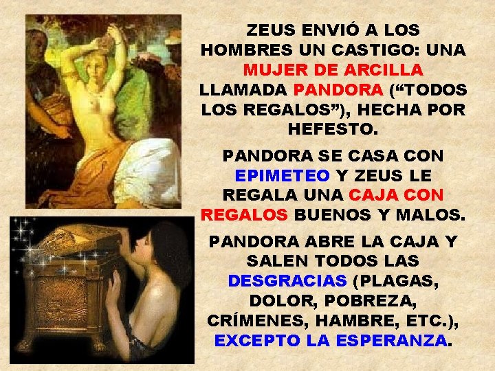 ZEUS ENVIÓ A LOS HOMBRES UN CASTIGO: UNA MUJER DE ARCILLA LLAMADA PANDORA (“TODOS