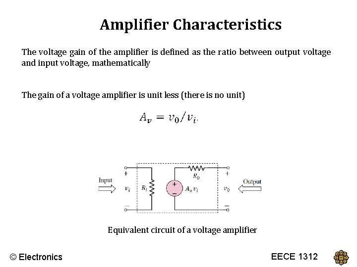 Amplifier Characteristics The voltage gain of the amplifier is defined as the ratio between