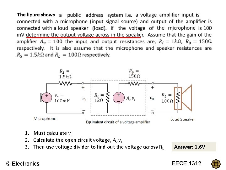 The figure shows 1. Must calculate vi 2. Calculate the open circuit voltage, Av