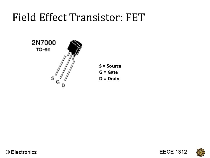 Field Effect Transistor: FET S = Source G = Gate D = Drain ©