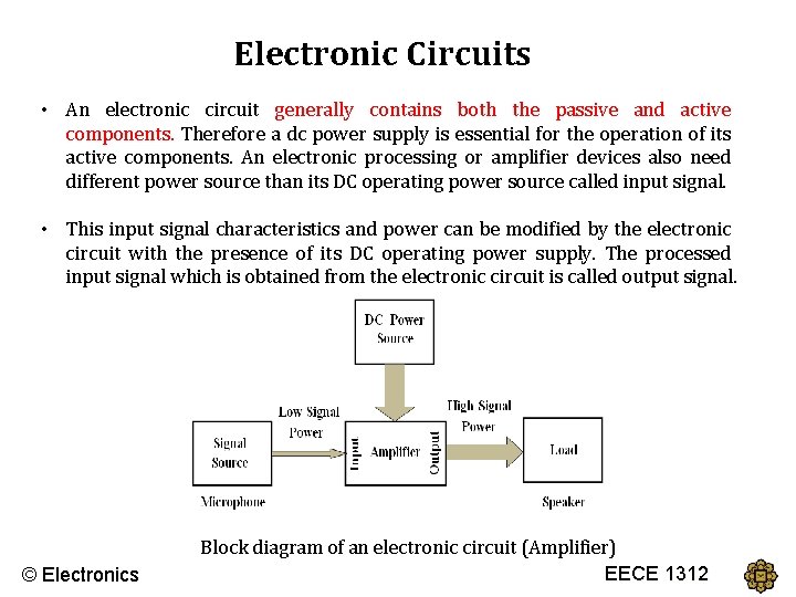 Electronic Circuits • An electronic circuit generally contains both the passive and active components.