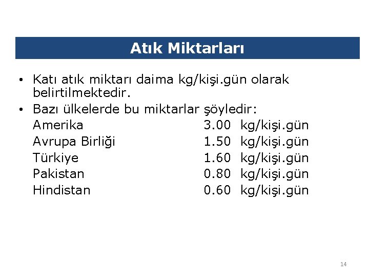 Atık Miktarları • Katı atık miktarı daima kg/kişi. gün olarak belirtilmektedir. • Bazı ülkelerde