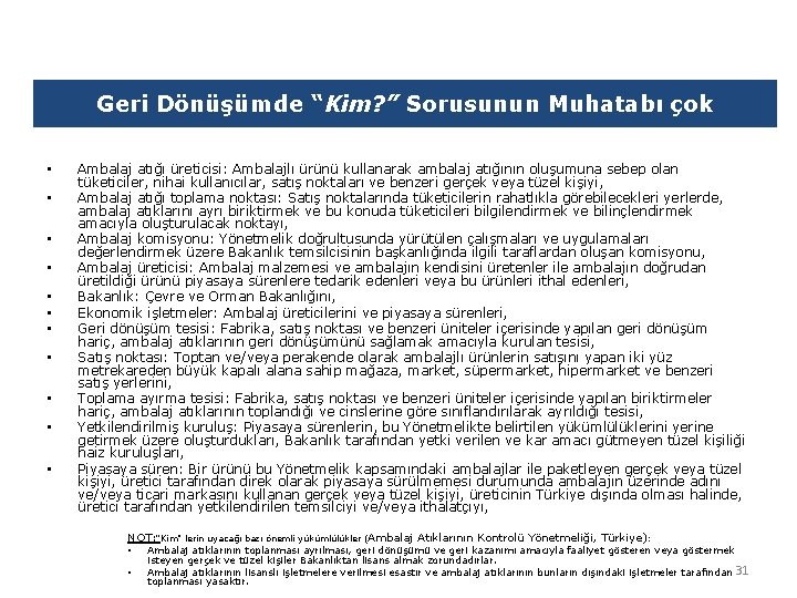 Geri Dönüşümde “Kim? ” Sorusunun Muhatabı çok • • • Ambalaj atığı üreticisi: Ambalajlı