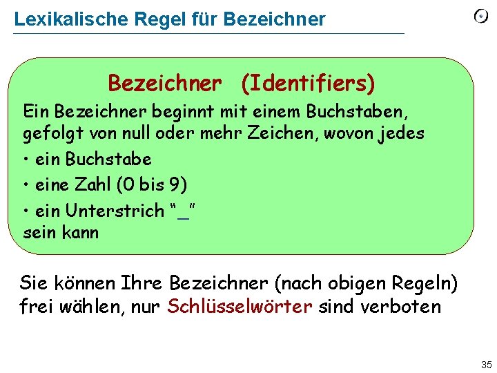 Lexikalische Regel für Bezeichner (Identifiers) Ein Bezeichner beginnt mit einem Buchstaben, gefolgt von null