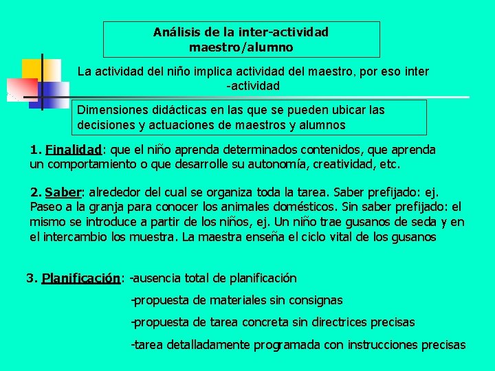 Análisis de la inter-actividad maestro/alumno La actividad del niño implica actividad del maestro, por