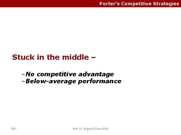 Porter’s Competitive Strategies Stuck in the middle – –No competitive advantage –Below-average performance 586