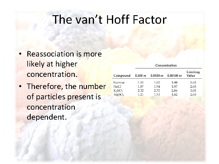 The van’t Hoff Factor • Reassociation is more likely at higher concentration. • Therefore,