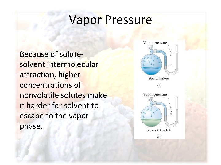 Vapor Pressure Because of solutesolvent intermolecular attraction, higher concentrations of nonvolatile solutes make it