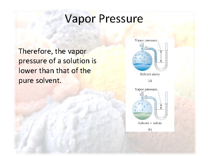 Vapor Pressure Therefore, the vapor pressure of a solution is lower than that of