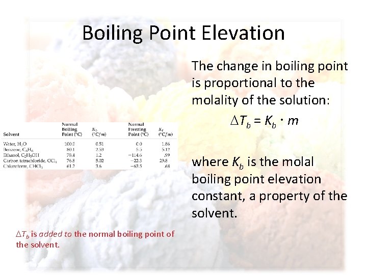 Boiling Point Elevation The change in boiling point is proportional to the molality of