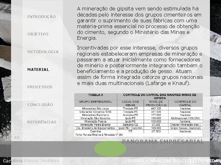 INTRODUÇÃO OBJETIVO METODOLOGIA MATERIAL PROCESSOS A mineração de gipsita vem sendo estimulada há décadas