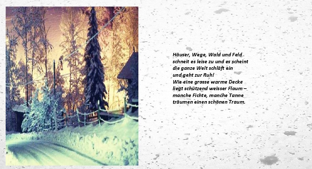 Häuser, Wege, Wald und Feld schneit es leise zu und es scheint die ganze