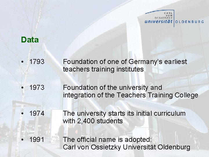 Data • 1793 Foundation of one of Germany’s earliest teachers training institutes • 1973