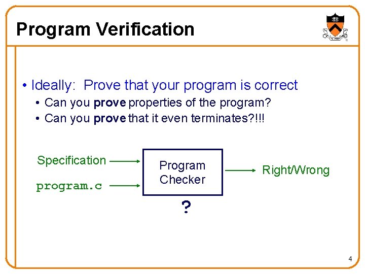 Program Verification • Ideally: Prove that your program is correct • Can you prove