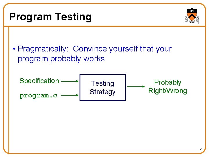 Program Testing • Pragmatically: Convince yourself that your program probably works Specification program. c