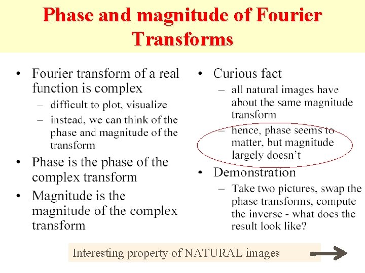 Phase and magnitude of Fourier Transforms Interesting property of NATURAL images 