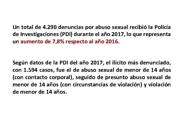 Un total de 4. 290 denuncias por abuso sexual recibió la Policía de Investigaciones