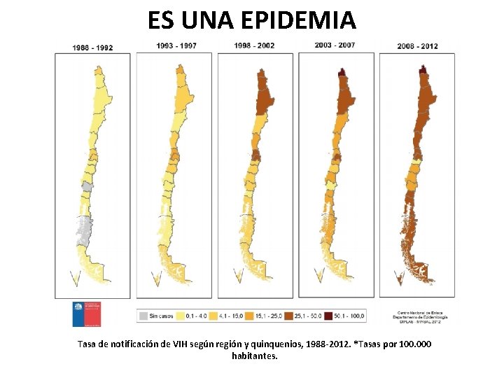 ES UNA EPIDEMIA Tasa de notificación de VIH según región y quinquenios, 1988 -2012.