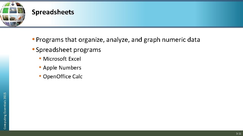 Spreadsheets • Programs that organize, analyze, and graph numeric data • Spreadsheet programs Computing Spreadsheets • Programs that organize, analyze, and graph numeric data • Spreadsheet programs Computing