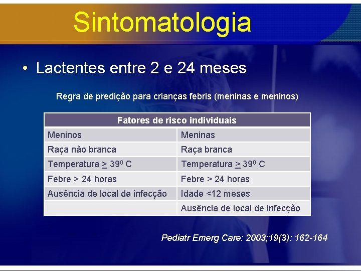 Sintomatologia • Lactentes entre 2 e 24 meses Regra de predição para crianças febris