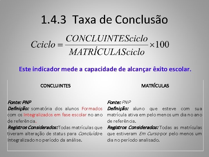 1. 4. 3 Taxa de Conclusão Este indicador mede a capacidade de alcançar êxito