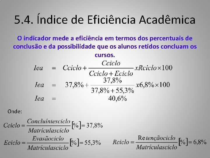 5. 4. Índice de Eficiência Acadêmica O indicador mede a eficiência em termos dos