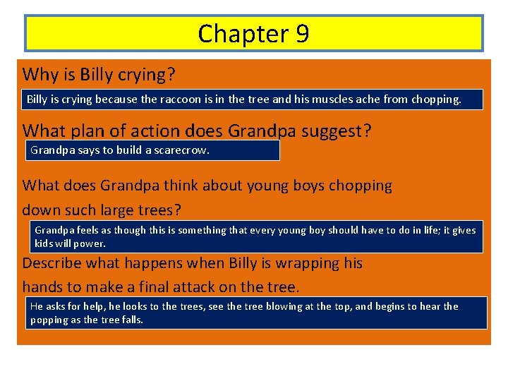 Chapter 9 Why is Billy crying? Billy is crying because the raccoon is in