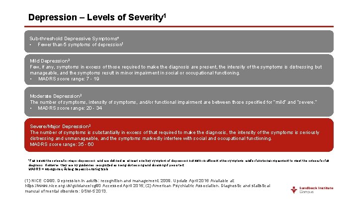 Depression – Levels of Severity 1 Sub-threshold Depressive Symptoms* • Fewer than 5 symptoms