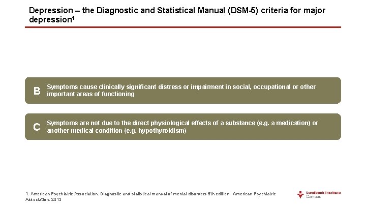 Depression – the Diagnostic and Statistical Manual (DSM-5) criteria for major depression 1 B Depression – the Diagnostic and Statistical Manual (DSM-5) criteria for major depression 1 B