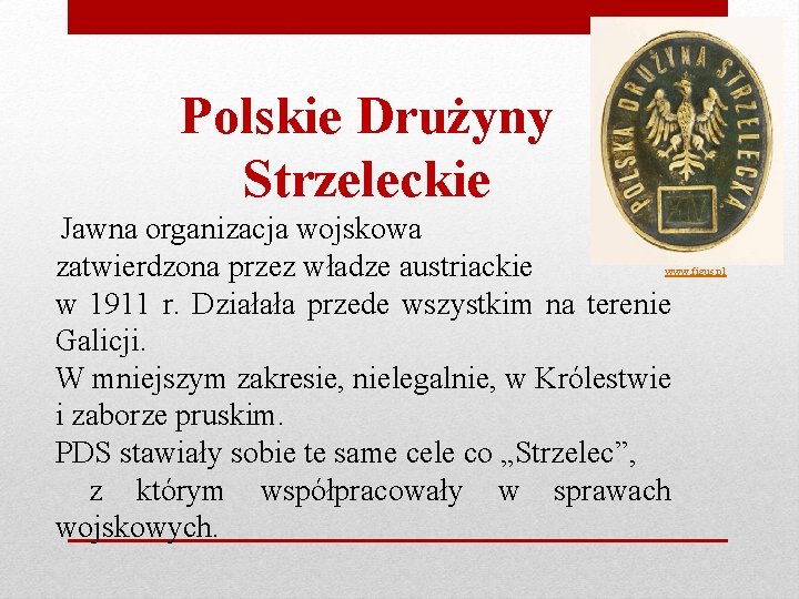 Polskie Drużyny Strzeleckie Jawna organizacja wojskowa zatwierdzona przez władze austriackie w 1911 r. Działała