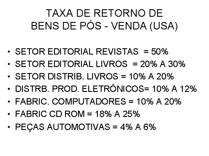 TAXA DE RETORNO DE BENS DE PÓS - VENDA (USA) • • SETOR EDITORIAL