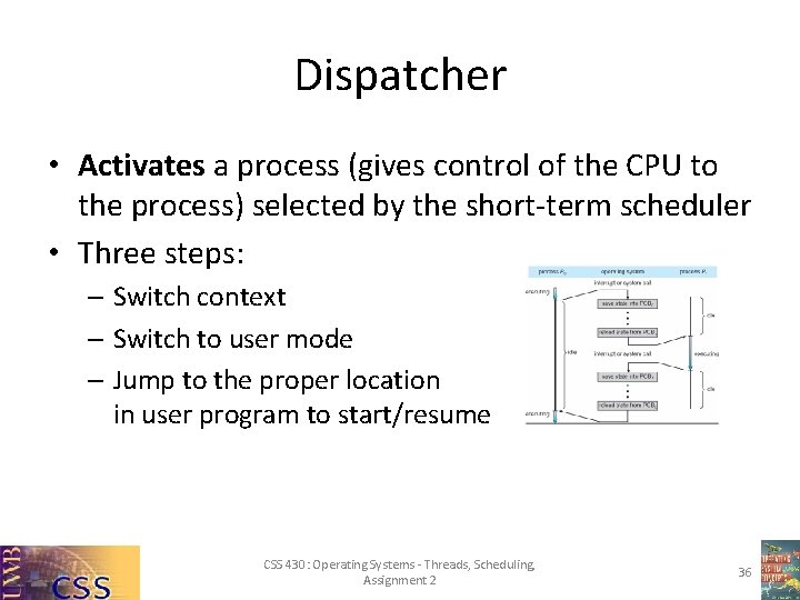 Dispatcher • Activates a process (gives control of the CPU to the process) selected