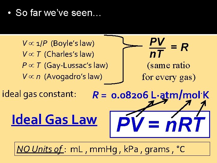  • So far we’ve seen… V 1/P (Boyle’s law) V T (Charles’s law)