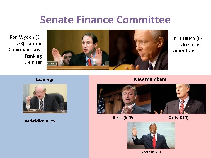 Senate Finance Committee Ron Wyden (DOR), former Chairman, Now Ranking Member Leaving: Rockefeller (D-WV)
