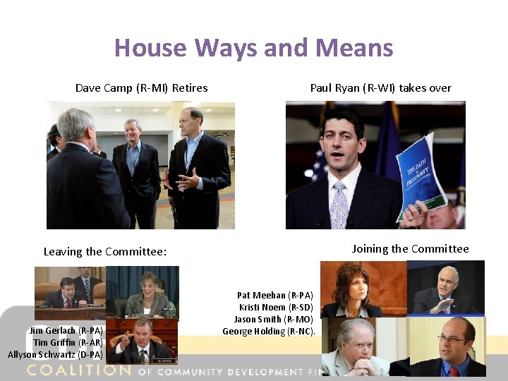 House Ways and Means Dave Camp (R-MI) Retires Paul Ryan (R-WI) takes over Joining
