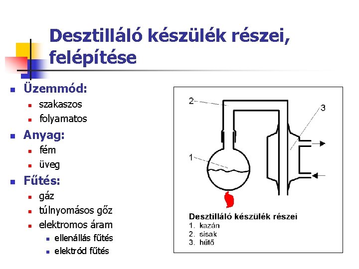 Desztilláló készülék részei, felépítése n Üzemmód: n n n Anyag: n n n szakaszos