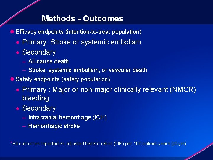 Methods - Outcomes ® Efficacy endpoints (intention-to-treat population) · Primary: Stroke or systemic embolism