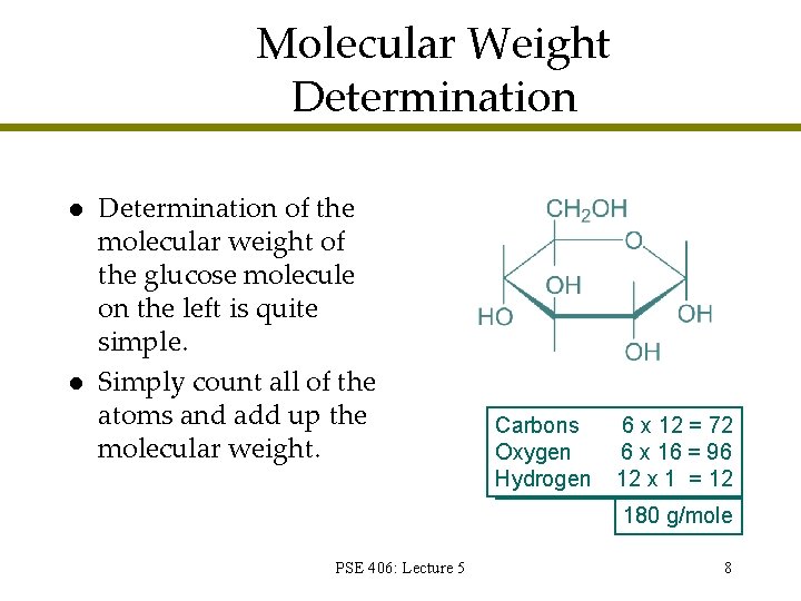 Molecular Weight Determination l l Determination of the molecular weight of the glucose molecule