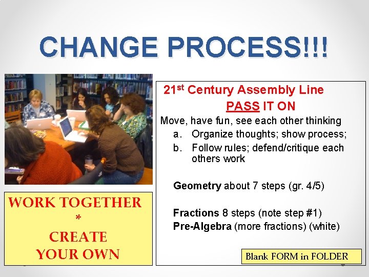 CHANGE PROCESS!!! 21 st Century Assembly Line PASS IT ON Move, have fun, see