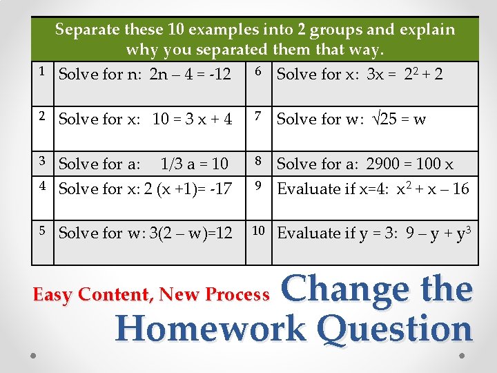 1 Separate these 10 examples into 2 groups and explain why you separated them