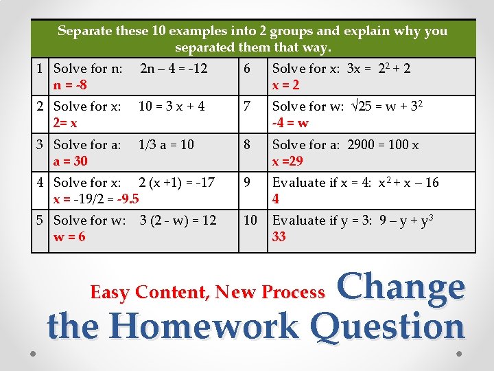 Separate these 10 examples into 2 groups and explain why you separated them that