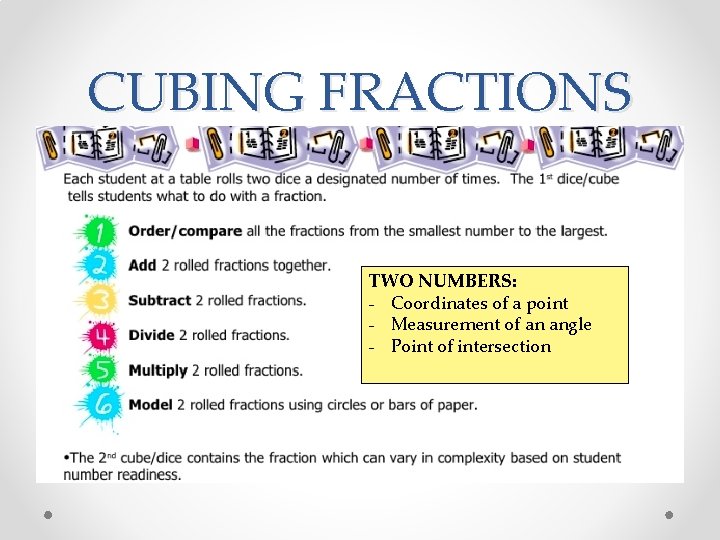 CUBING FRACTIONS TWO NUMBERS: - Coordinates of a point - Measurement of an angle