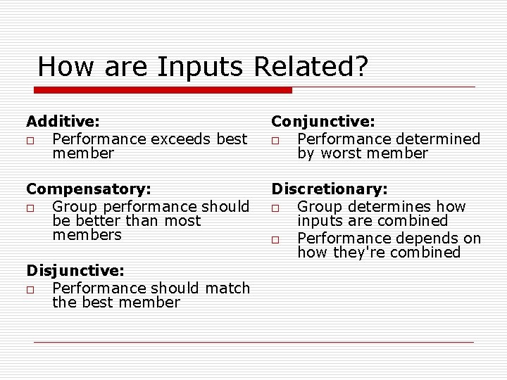 How are Inputs Related? Additive: o Performance exceeds best member Conjunctive: o Performance determined