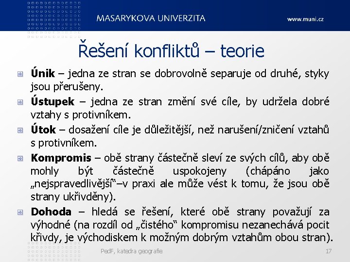 Řešení konfliktů – teorie Únik – jedna ze stran se dobrovolně separuje od druhé,