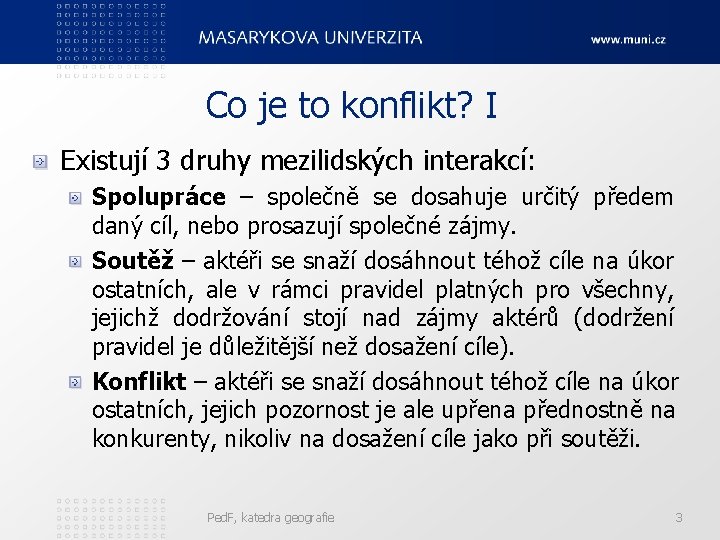 Co je to konflikt? I Existují 3 druhy mezilidských interakcí: Spolupráce – společně se