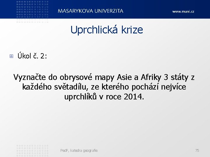 Uprchlická krize Úkol č. 2: Vyznačte do obrysové mapy Asie a Afriky 3 státy